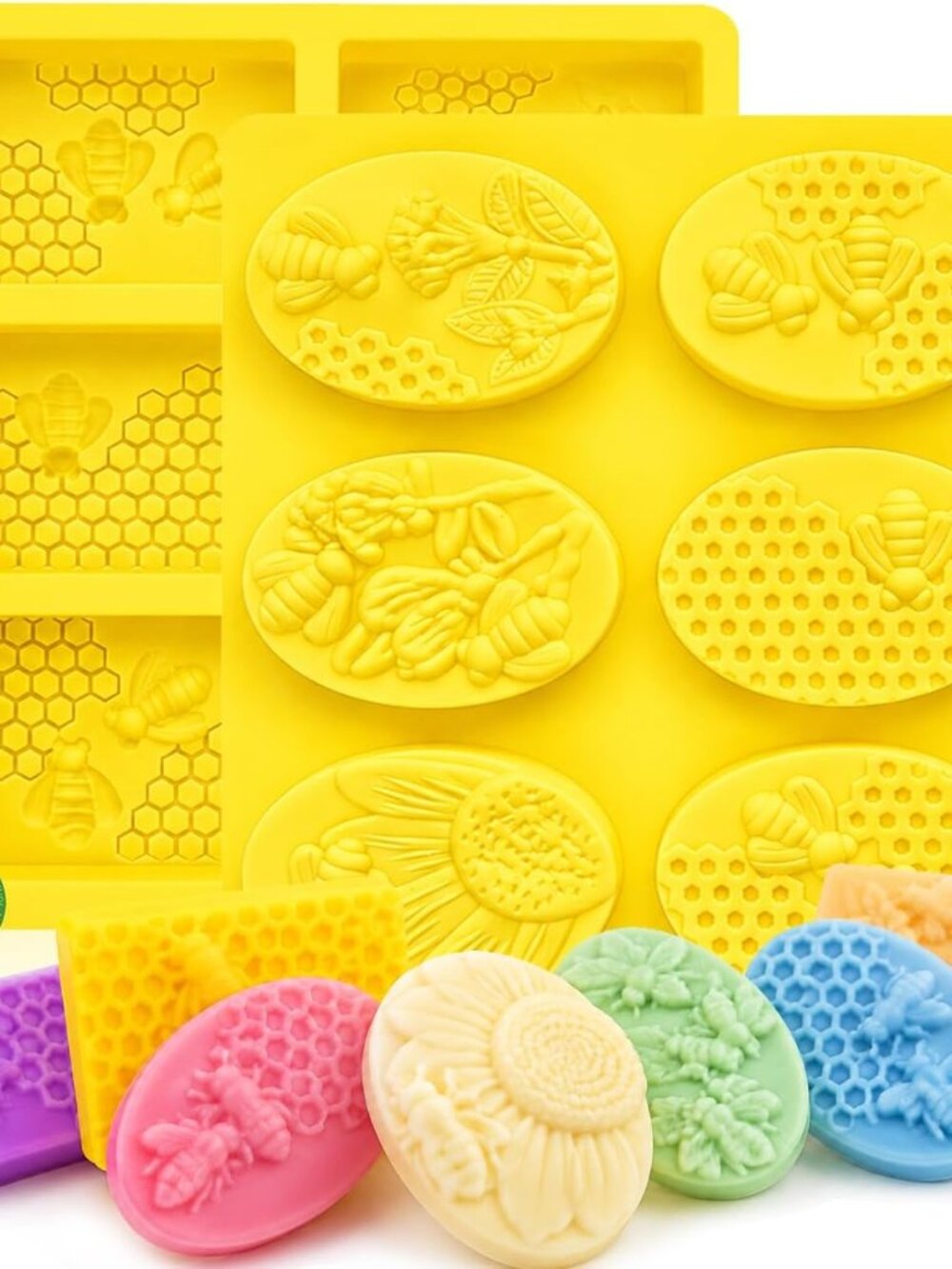 2 Pack 6 Cavity Bee Honeycomb Design, Rectangle & Oval Non-Stick Flexible Silico